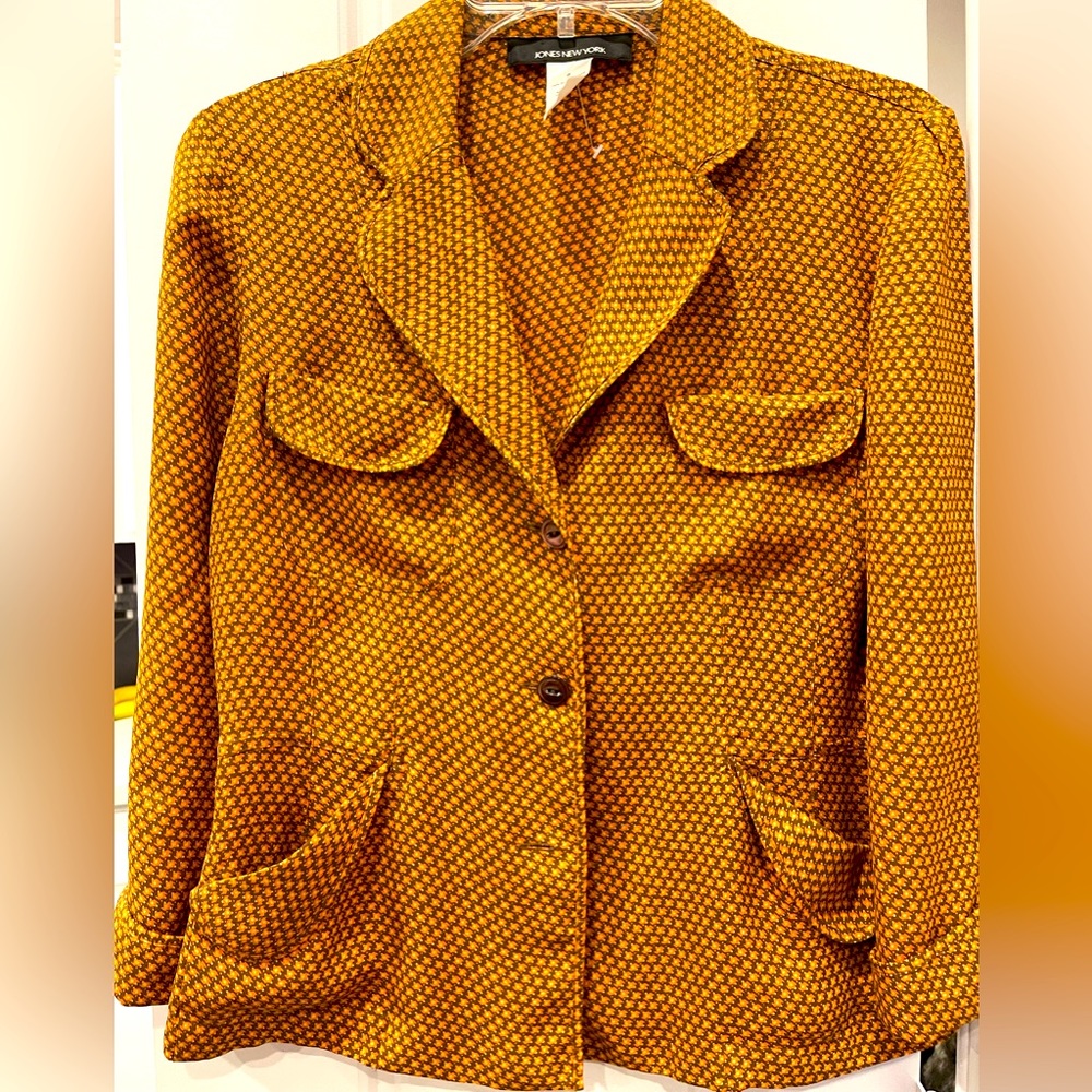 Jones of New York Woman’s Marigold/Brown Blouse,4 Pockets Front Detail,100%Silk